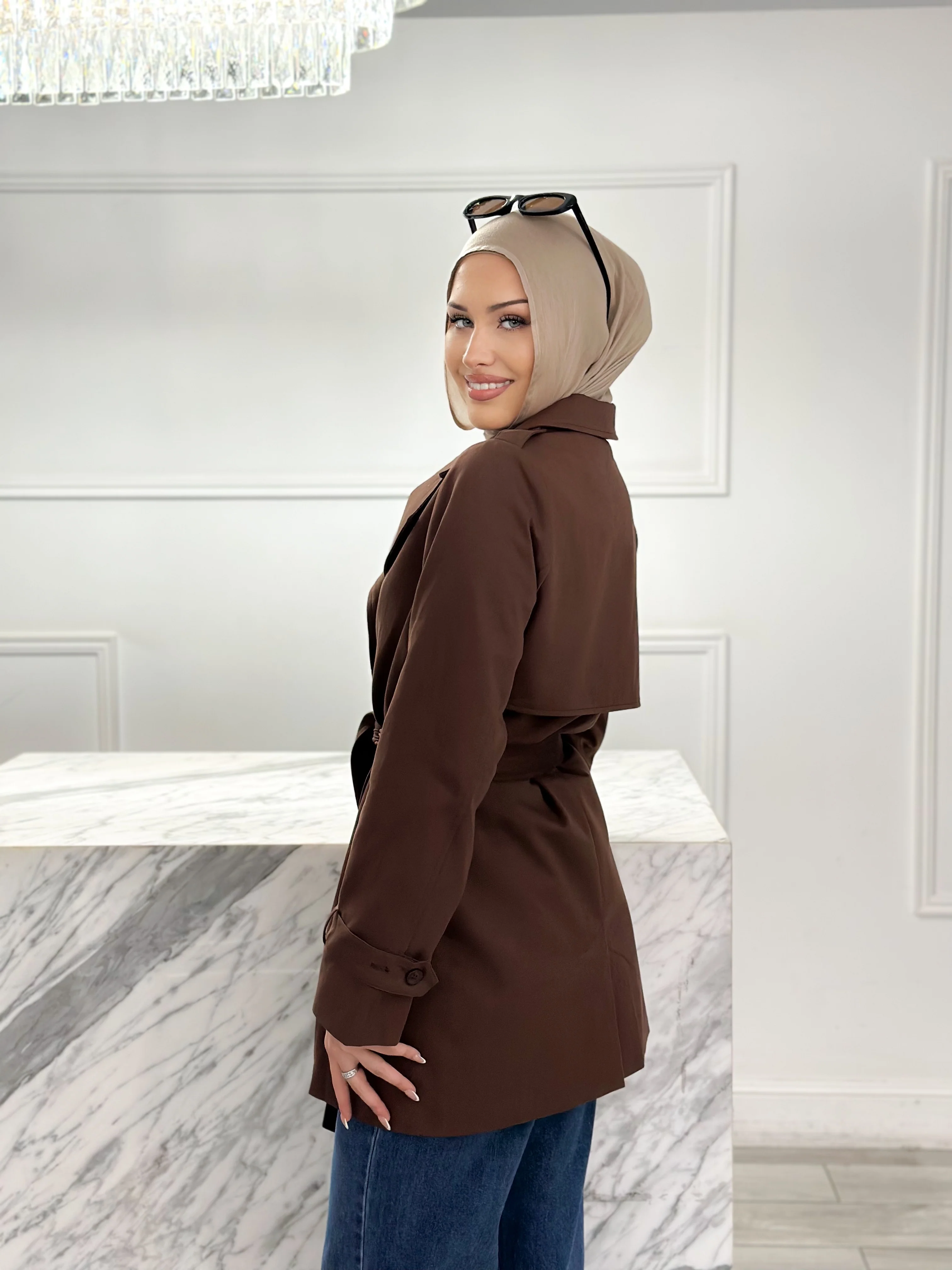 Cropped Trench Coat - Chocolate - Image 2